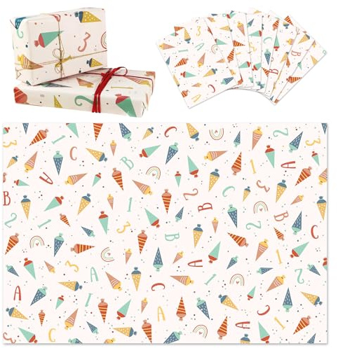 Geschenkpapier Einschulung 8 Bögen Schulanfang, 70x50cm, Junge Mädchen | Geschenkpapier Einschulung 8 Bögen Schulanfang Geschenkpapier Kinder Einschlagpapier mit Bunten 70x50cm Designs Hochwertig