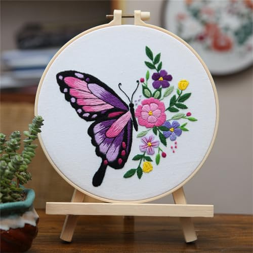 Meecaa Pansy Butterfly Flower Embroidery Kit Starter Set, Hand Embroidery Set,Pattern Printed Cross Stitch Set for Beginner Adults, with Embroidery Hoop and Instructions (Pansies)