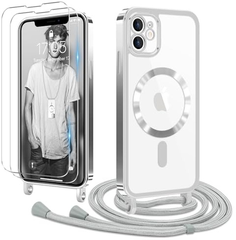Ethanger für iPhone 11 Hülle mit Band + 2 Schutzfolie, Silber | Handyband Transparent Silikon Handyhülle, Magnetische Schutzhülle Case zum Umhängen Kordel