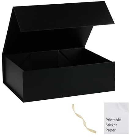 MUMUPACK Schwarze Geschenkbox, 48 x 40 x 15 cm, extra große Geschenkboxen mit Deckel für Geschenke, inklusive Band und bedruckbarem Aufkleberpapier, Brautjungfernantragsbox, magnetische Geschenkbox