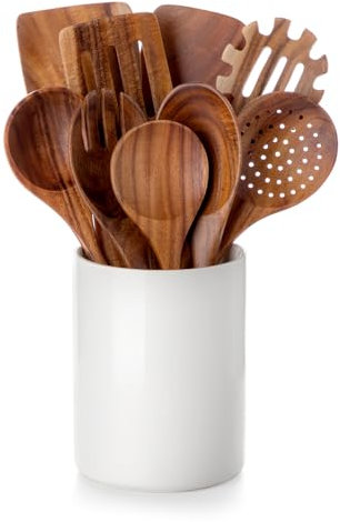 Nucookery Wooden Cooking Utensils Set with Holder, Nonstick Wooden Spoons for Cooking Spatula Set 10 Pcs, Teak Wood Kitchen Utensils Set, Ceramic Utensils Holder for Countertop, White