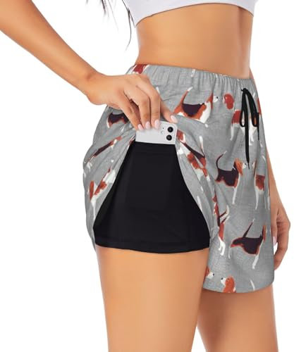 DRTGEDS Beagle-Muster 2-in-1 Damen-Shorts für Laufen, athletisch, Workout, Yoga, mit Taschen, S, M, L, XL, XXL, XXXL, Schwarz, Groß