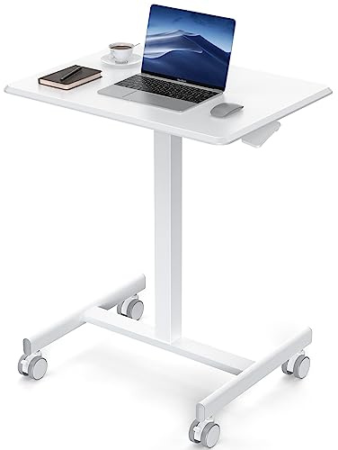 DUMOS Small Standing Desk Mobile Portable Rolling Laptop PC Table on Wheels Adjustable Height Computer Workstation for Home Office, 19 Inch, Modern White