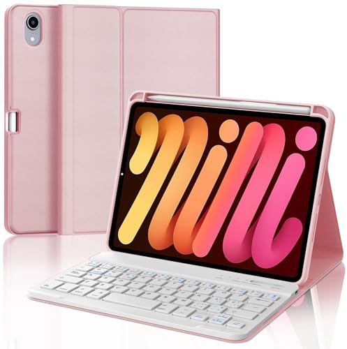 SENGBIRCH Funda con Teclado para iPad Mini 7 2024/6 2021 8.3, Teclado Inalámbrico Bluetooth Desmontable para iPad Mini 6/7 Generación 8.3 Pulgadas, Rosa