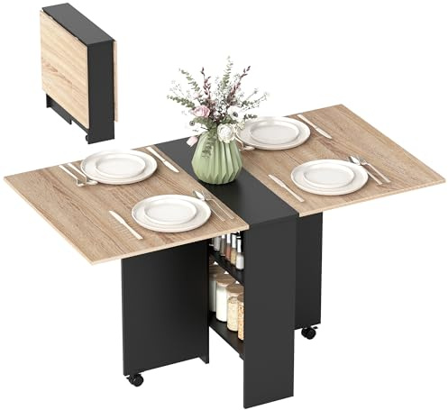HOMCOM Mesa Plegable de Comedor con Ruedas 75x140x74 cm Natural y Negro