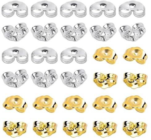 SANNIX 30 Stück/15 Paar Ohrringverschlüsse für Ohrstecker, Ersatz-Ohrringverschlüsse in Silber und Gold, sichere Ohrverschlüsse | Ohrringrücken-Ersatz, sichere Ohrverriegelungen