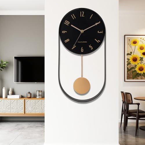 EMITDOOG Large Wall Clock - Modern Pendulum Wall Clock Decorative and Unique Metal Frame, with 8 Inch Face - Contemporary, Minimalist Design, with Silent Battery Operation Black