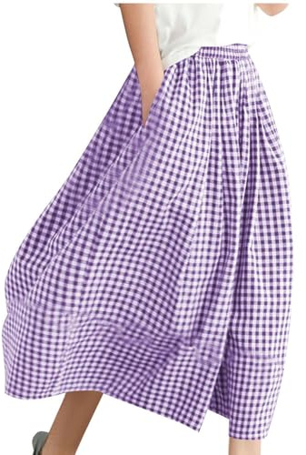 RLEHJN Wide Leg Cropped Trousers for Women UK Sale, Ladies Cotton Linen Trousers Elasticated Waist Checked Printed Palazzo Pants Lightweight Baggy Pants Skirt Casual Bottoms for Spring Summer