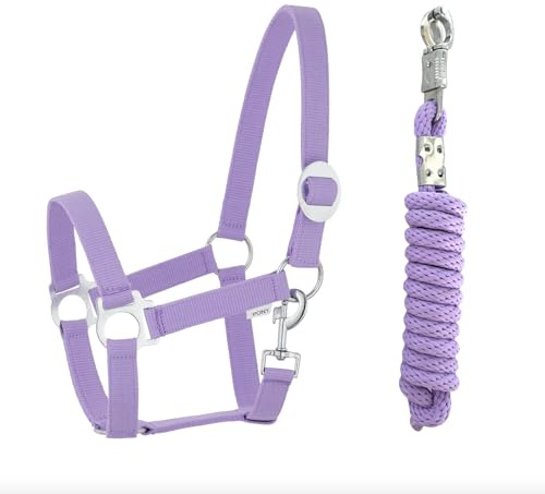 JA4002 Halfter Führstrick Set mit Panikhaken verstellbar Pferdehalfter Pferd Holzpferd Anbindestrick (Panikhaken Lavender, Shetty)