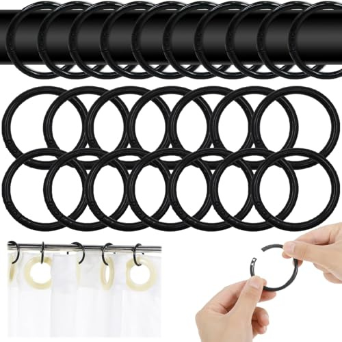 50 Stück Duschvorhang Ringe,BetterJonny Kunststoff Duschvorhang Haken Ringe für Duschvorhänge Aus Stabilem Kunststoff Schwarz Duschringe für Die Meisten Duschvorhänge Geeignet (Schwarz)