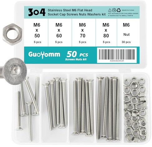 GuoYomm 50 Stück M6 Senkkopfschrauben Edelstahl mit Muttern 304 Schraube abgesenktem Kopf, Senkschraube Rostfrei Silber Innensechskant Schrauben Metrisches Regelgewinde, Längen: 50mm 60mm 70mm 80mm