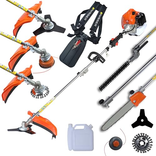 NISSER 6-in-1 Garden Multi Tool 52cc Petrol Hedge Cutter, Chain Saw, Brush Cutter, Strimmer Line, Weed Moss Twisted Wire Brush Trimmer Kit 2 Stroke (NS67025)