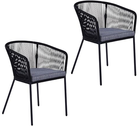 ESTEXO Lounge Stuhl 2er Set Gartenstuhl Rope-Design Gartensessel Outdoor Sessel mit Sitzkissen für Balkon, Terrasse, Garten in Schwarz