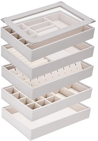 Boxudeli 5 Ebenen Schmucktablett Stapelbar, Schmuckkästchen groß Schmuckschalen Schubladedisplay mit transparentem Deckel, Schmuckaufbewahrung Organiser (Hellgrau, 5 Lagen Deckel zum Abnehmen)