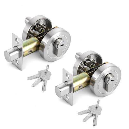 LDHHYH 2Pack Single Cylinder Deadbolt, Round Deadbolt Lock, Zinc Alloy Door Locks with Keys, Standard Size for Bathroom, Bedroom, Entrance Doors, 35-50mm, Brushed Silver
