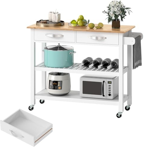 KOMFOTTEU Carro de Cocina de Madera con Ruedas, Carrito Auxiliar con 2 Cajones y 2 Estantes Abiertos, Isla de Cocina Móvil con Toallero Lateral, para Comedor, Bar, 116 x 44 x 89 cm (Blanco)