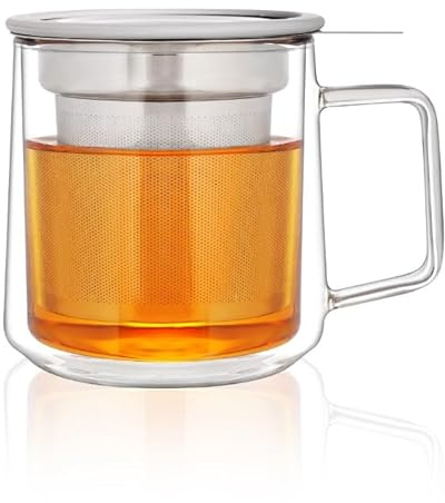 CNGLASS Double Wall Glass Cup with Stainless Steel Infuser and Lid, 355ml Borosilicate Glass Tea Mug,Tea Infuser Mug for Loose Tea,Teabag,Set of 1