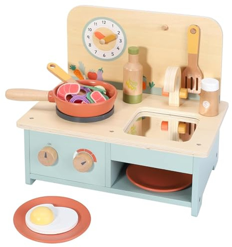 SOKA Tabletop 18pc Wooden Tabletop Kitchen Cooking Set Interactive Pretend Role Playset Early Developmental Kitchen Miniature Educational Preschool Learning Toy for Children Kids Girls Ages 3 year +