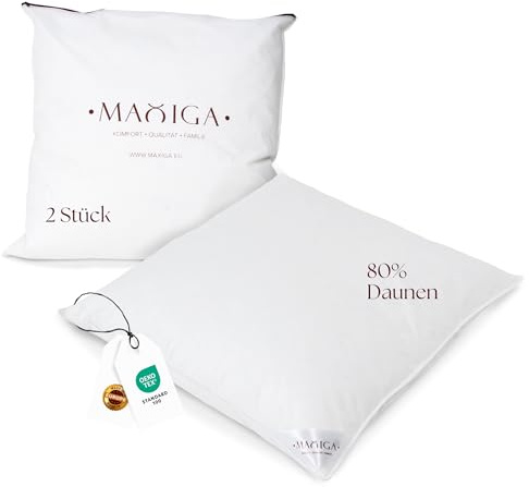maxiga Daunenkissen 80x80 cm (2 Stück) | 80% Gänsedaunen und 20% kleine Federn | Füllgewicht 2000g | Für Allergiker geeignet | Oeko-TEX-Zertifikat Klasse 1 | Atmungsaktiver, Baumwollbezug