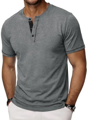 Wayleb Tee Shirt Homme en Coton Henley T-Shirt avec Manches Courtes Col Tunisien à Boutons Décontracté Basique S-3XL