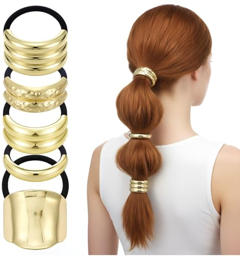 DOPENSPI 5 Stück Gold Haarmanschetten für Pferdeschwanz, Metall-Haargummis Elastisch Haarband Punk Haar Halter und Ponytail Zubehör Geometrisches Design Cuff für Frauen