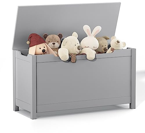 LunaThreads Kids Wooden Toy Chest with Safety Hinged Lid, 2.7 Cubic Feet Large Toy Box Storage Bench, Sturdy Toy Box for Living Room Bedroom, Suitable for Ages 3+ (Gray, MDF)