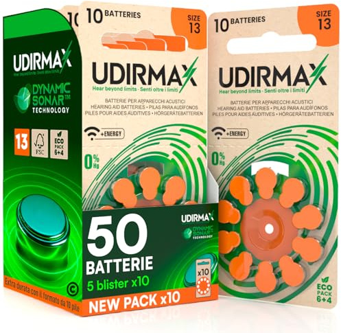 50 Batterie per Apparecchi Acustici PR48 Arancioni Misura 13 Udirmax - Pile con Tecnologia Dynamic Sonar Zinco-Aria e Senza Mercurio 1,45V in Formato Eco Pack - 5 Blister Ecologici da 10 Pile