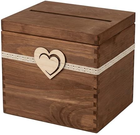 GoodFreshDecor Kartenbox Hochzeit aus Holz - Geldbox für Geldgeschenke und Umschläge - Holzkiste mit Deckel und Schlitz 21 x 1 cm - 24,5 x 19,5 x 22 cm - Braun mit Schleife und Holzherz