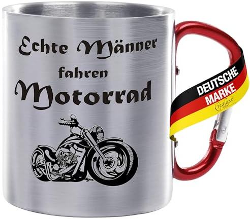 CreaLuxe Edelstahltasse mit Karabiner - Echte Männer fahren Motorrad - 330ml, Tasse bedruckt, Kaffeetasse, Bürotasse, Metalltasse mit Name