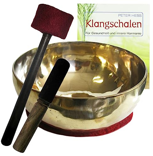 Sangha Gold Therapie Klangschale ca. 600-700g Handarbeit Nepal + Peter Hess BUCH 5-tlg Klangmassage Set + Klöppel & Zubehör. 70060