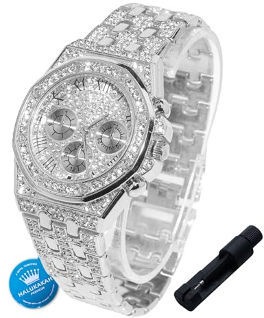 Halukakah Diamanten Gold Uhr für Jungen,Teenager - 18K Echtgold/Platin Platiniert,40mm Achteckiges Zifferblatt mit Römischen Zahlen - 20cm Länge -Optional mit Cuban Gliederkette,mit Anpassungswerkzeug