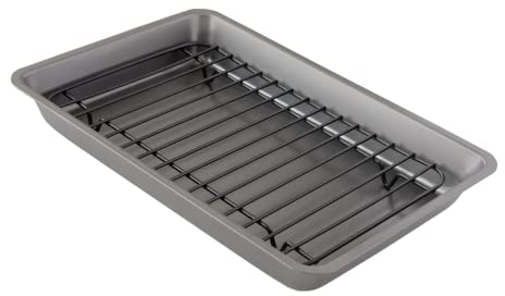Chef Pomodoro Teglia con Griglia da Forno Piccola (28 x 19,5 cm), Teglia Forno Rettangolare Antiaderente in Acciaio al Carbonio, Gratella di Raffreddamento per Arrosti e Fritti, Ideale per Fornetti
