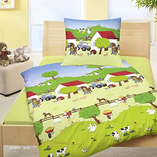 JACK Bierbaum Kinder Biber Bettwäsche 2 TLG. 135x200cm Dinosaurier Pferde Astronaut Bauernhof Einhorn Fußball Baustelle, Farbe:Bauernhof