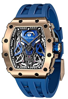 TSAR BOMBA Herren-Automatikuhr Tonneau Luxus-Skelettuhren für Herren Mechanische 50 m wasserdichte Analoguhren,07-A-Goldblue