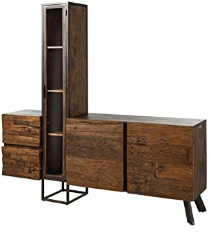 MASSIVMOEBEL24.DE | Sevilla Wohnwand aus Massivholz inkl. LED-Beleuchtung #07 aus Akazienholz/Altholz - Braun, lackiert 193 x 38 x 185 cm 8 Fächer + 2 Schubladen Mediawand Wohnzimmer