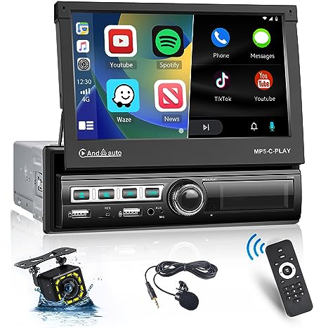 Hikity Autoradio 1 Din Carplay Android Auto Autoradio avec 7'' Tactile Rétractable Automatique Poste Radio Voiture Bluetooth Mains Libres Mirror Link FM AUX TF USB SWC+Microphone+Caméra de Recul