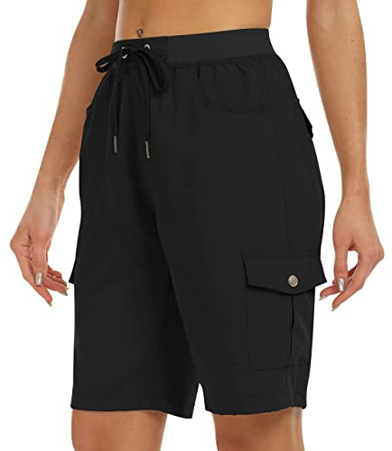 JINSHI Pantaloncini Donna Cargo Shorts Estivi Pantaloni Corti Sportivo Leggero Lavoro Bermuda da Escursionismo a Vita Alta con Tasche Multiple Nero EU M