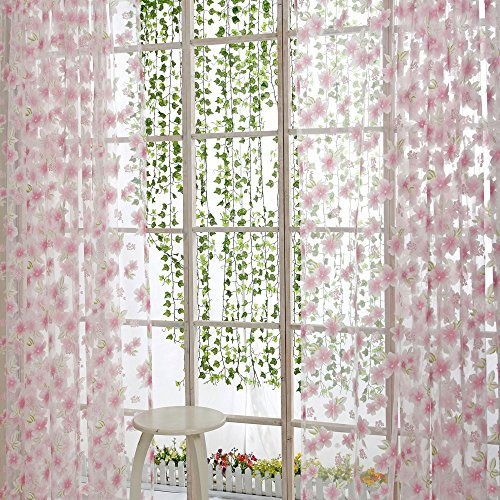 TYUSGH Voile Curtains Flower Printed Tulle 100x200cm Drop Window Door Scarf Panel Voile Fabric Home Textiles Light Filtering Drape for Bathroom Bedroom Kitchen
