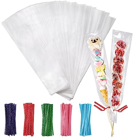 JIANTA 250 Stück Klarsichttüten klein Tüten klar, 25x5 cm Cellophantüten | Kerzentüten Süßigkeiten Tüten mit 250 Stück Twist Ties Geschenktüten für Süßigkeiten Schokolade Bonbons Kekse