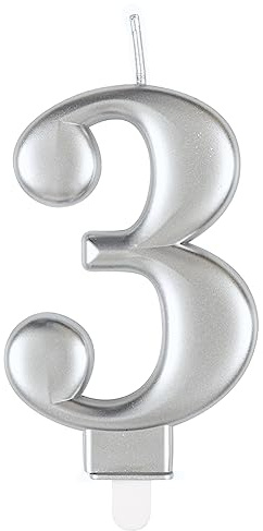 Unique 19593 - Bougie d'Anniversaire Numéro 3-8cm - Couleur Argent Métallique - 1 Pièce (Lot de 1)