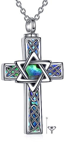 YFN Keltisches Kreuz Urnen Halskette Sterling Silber Keltischer Davidstern Asche Anhänger Kette Abalone Schale Kreuz Kremation Schmuck Geschenke für Damen Herren