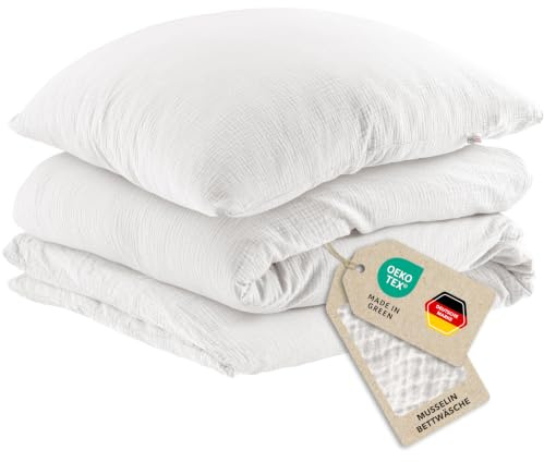 Pure Label Musselin Bettwäsche 155x220+80x80 cm 100% Baumwolle - Weiß | Traumhaft weiche, kuschelige Bettwäsche-Sets aus Musselin - 40° Waschbar