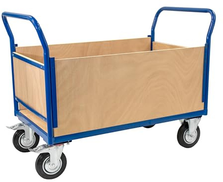 Long Goods Platform Truck, Heavy Duty Steel Trolley with Plywood Deck on Wheels (Base + 2 Wooden Ends & x2 Wooden Sides)