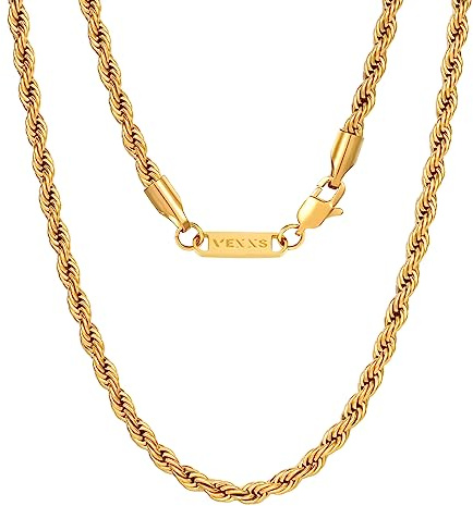 VEXXS Goldkette Herren Kordelkette,18 Karat Vergoldet 3/4/5mm Edelstahl halskette Herren Kette,Goldkette für Herren Damen Männer Jungen, Schmuck Geschenk,46-66cm