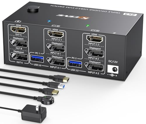 MLEEDA Triple Monitor KVM Switch 3 Monitors 2 Computers 8K@60Hz 4K@144Hz, HDMI+2 DisplayPort, 4 USB3.0, Wired Remote, Black, Manual Operation