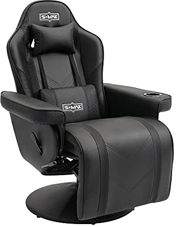 S*MAX Gaming Chair Recliner Ergonomic High Back Wide Lumbar Support Swivel PU Leather Gamer Chair with Footrest Adjustable Backrest and Footrest Cup Holder Gaming Chairs for Adults Black