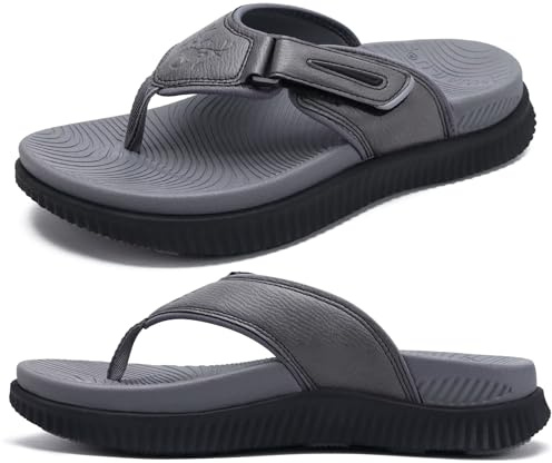 Tongs Cuir Hommes Recovery Marche Sandales Orthopedique Coussin Athlétique épais Sport Sliders pour Homme Extérieur été Plage Sandals avec Confortable Fasciite Plantaire Soutien de Voûte,42 Gris