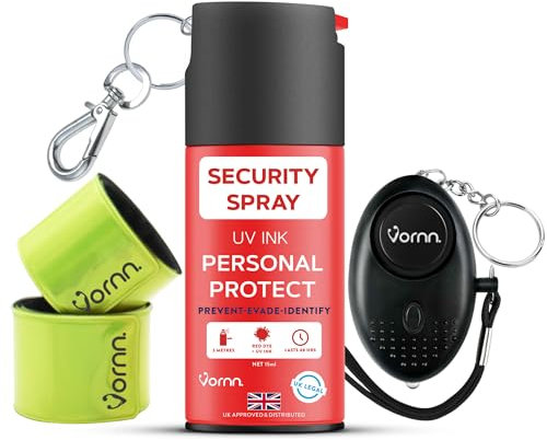 VORNN Self-Defence Spray | UK Legal Spray | Foul smelling Criminal Identifier | Red Dye, UV | Quick Access Keychain for Personal Safety for Men & Women (1x Spray 1x Alarm 1x Reflector)