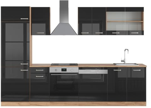 Vicco Küchenzeile R-Line, Schwarz Hochglanz/Goldkraft Eiche, 300 cm | 8 Module · Höhenverstellbare Füße · AP Eiche inkl. · Robuste Fronten · Mit Kühlschrankumbauschrank · Frei kombinierbar