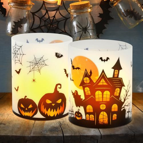 Lemicin Halloween Windlicht Deko Tischdeko - 15 Halloween Windlicht Tischdekoration Kürbis Fledermaus Spinnennetz Deko Halloween Indoor für Teelichter oder Kerzen Kinder Geburtstag Party